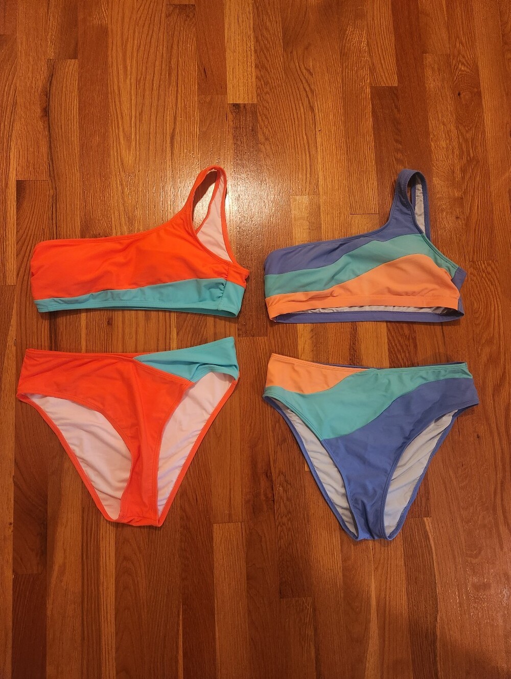 Cupshe Colorblock One-Shoulder Bikini Set in Orange, Aqua, Lavender